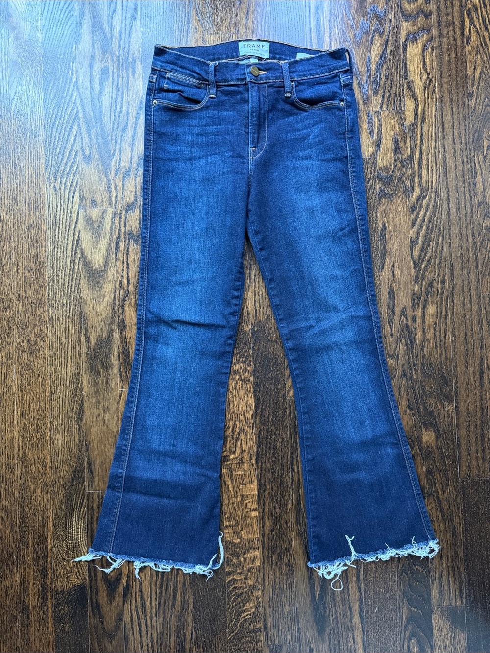 FRAME Denim Le Crop Flare Jeans Dark Wash Raw Hem